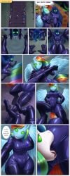 absurd_res alicorn anthro armwear black_armwear black_body black_bodysuit black_clothing black_elbow_gloves black_gloves black_handwear black_latex black_legwear black_skinsuit black_thigh_highs blonde_hair blue_body bodysuit breasts camel_toe clothing comic cunnilingus cunnilingus_through_clothing dialogue drone earth_pony elbow_gloves english_text equid equine ethereal_hair exercise feathered_wings feathers female female/female fight friendship_is_magic genital_outline gesture gloves glowing glowing_eyes green_body green_eyes green_hair group hair handwear hasbro hi_res hooves horn horse hypnosis latex latex_armwear latex_clothing latex_elbow_gloves latex_gloves latex_handwear latex_legwear latex_thigh_highs legwear mammal mind_control multicolored_hair multicolored_tail my_little_pony mythological_creature mythological_equine mythology oral oral_through_clothing pegasus pink_body pink_hair pinkie_pie_(mlp) pony princess_celestia_(mlp) princess_luna_(mlp) purple_hair pussy rainbow_dash_(mlp) rainbow_hair rainbow_tail salute sex sibling_(lore) sister_(lore) sisters_(lore) skinsuit speech_bubble story story_in_description syberfab tail text thigh_highs tight_clothing vaginal_penetration vulva_outline weightlifting white_body wings workout