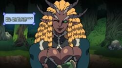 2019 animated breasts covered_breasts dark-skinned_female dark_skin female female_only gif green_eye green_eyes hemlock_(game) horns jiji_sama jijis-waifus monster_girl original_character solo solo_female squeezing_breast text text_box