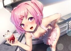 :d apron bangs bent_over blush breasts collarbone downblouse eyebrows_visible_through_hair female food hair_ornament hairclip holding indoors kitchen looking_at_viewer naked_apron oerba_yun_fang open_mouth pink_eyes pink_hair short_hair small_breasts smile solo standing two_side_up x_hair_ornament