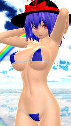 1girls 2025 3d armpit arms_behind_head beach bikini blue_bikini blue_hair_female blush bowtie breasts cleavage clouds hat hati_yukkuri_mmd headwear hips humanoid iku_nagae jpeg light-skinned_female looking_at_viewer midriff mmd navel oarfish open_mouth rainbow red_eyes_female short_hair_female sky solo_female swimsuit touhou waist water water_reflection