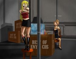 2girls asphyxiation blonde_hair brown_hair female ice noose peril warehouse