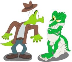 alligator alligatorid anthro claws clothed clothing cregon crocodile crocodilian crocodylid crossed_arms duo fedora fully_clothed hat headgear headwear hi_res humanoid_penis jolly_ville jollyville lizard male_only penis reptile scalie tapping teeth