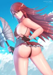 1girls ass axe back bare_back big_ass bikini bikini_skirt bubble_butt cordelia_(fire_emblem) cordelia_(summer)_(fire_emblem) female_only fire_emblem fire_emblem_awakening fire_emblem_heroes flat_chest frilled_bikini hourglass_figure large_ass lifted_by_self looking_at_viewer looking_back nintendo red_bikini red_eyes red_hair skirt_lift smile spear thong thong_bikini very_long_hair weapon zelc-face