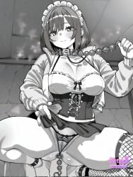 ai_assisted ai_generated anal_beads anal_object_insertion anal_tail bangs blush breasts brick_floor brick_wall chain-link_fence chains clothes_lift collar eyebrows_visible_through_hair female fishnet_legwear fishnets flirtzy.ai food greyscale honeycomb_(pattern large_breasts lifted_by_self looking_at_viewer maid maid_headdress monochrome object_insertion panties sex_toy skirt skirt_lift smile solo spread_legs squatting stone_wall thighs tile_floor tile_wall tiles underwear wall