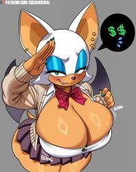 1girls anthro bat_ears bat_girl bat_wings big_breasts blush blushing_at_viewer bow_tie cleavage coldarsenal earrings huge_ass looking_at_viewer monster_girl piercing rouge_the_bat school_uniform skirt smiling smiling_at_viewer smirk smirking smirking_at_viewer solo solo_female sonic_(series) tie uniform