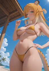 ass beach breasts gacha girl green_eyes ju_fufu ju_fufu_(zenless_zone_zero) micro_bikini sexy tiger_girl zenless_zone_zero zzz