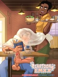 2boys apron beauty_and_the_beast beauty_and_the_beast_(1991_film) beignet_(food) belle_(beauty_and_the_beast) big_dick big_penis black_hair brown_hair cartoon_emxx dark-skinned_male dark_skin disney erect erect_penis erection gay gay_sex genderswap_(ftm) huge_cock male male/male male_only masturbating masturbating_during_fellatio masturbation masturbation_while_penetrated oral oral_penetration oral_sex overalls penis princess_tiana restaurant restaurant_setting restaurant_sex rule_63 the_princess_and_the_frog tiana transparent_clothing waiter