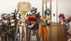 anthro bank bear black_bear black_hair blue_hair blush bodily_fluids bottomwear bottomwear_down canid canine cashier clothed clothing erikuma_(hentaixt) exhibitionism female frustrated genital_fluids group hair hentaixt herm intersex intersex/female janitor luvythicus mammal miniskirt money nipples nipples_out omorashi six_charaters skirt skirt_down unknown_(character) urine ursine watersports