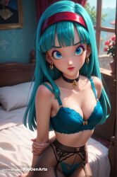 1girls ai_generated aqua_bra aqua_hair aqua_panties arm_behind_back arms_behind_back artist_name bare_shoulders bed bedroom black_choker blue_bra blue_eyes blue_hair blue_panties blunt_bangs blurry blush bow bra bra_(dragon_ball) bra_briefs breasts choker cleavage collarbone cowboy_shot curtains dragon_ball dragon_ball_gt earrings eyelashes eyeshadow female flower garter_belt hairband hi_res hoop_earrings indoors jewelry lingerie lips long_hair looking_at_viewer makeup mascara medium_breasts on_bed panties pantyhose parted_lips patreon_logo patreon_username picture_frame pillow progenarts red_hairband red_lips ring solo thighhighs underwear underwear_only watermark web_address window