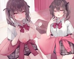 absurdres bag breasts brown_hair cardigan cardigan_around_waist cleavage clothes_around_waist collared_shirt cum cum_on_body cum_on_breasts curtains ebihara_beniko female grey_skirt hair_ribbon highres large_breasts looking_at_viewer multicolored_hair nipples no_bra open_clothes open_mouth open_shirt original pink_cardigan pink_eyes pink_hair plaid_clothes plaid_skirt purple_eyes ribbon rug school_bag school_uniform shirt short_sleeves sidelocks skirt smile standing streaked_hair twintails two-tone_hair white_shirt window wooden_floor