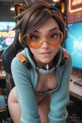 ai_generated animal_ear_headphones animal_ears artist_name biting_own_lip blue_jacket blurry blurry_background breasts brown_eyes brown_hair cat_ear_headphones cat_ears chair cum cum_on_body cum_on_breasts depth_of_field downblouse eugenericai eyelashes facial fake_animal_ears female freckles gaming_chair headphones indoors jacket keyboard_(computer) leaning_forward lips long_sleeves looking_at_viewer medium_breasts mole monitor navel nipple_slip nipples no_bra no_pants nose office_chair official_alternate_costume on_chair open_clothes orange-tinted_eyewear orange_goggles overwatch overwatch_2 panties parted_lips piercing realistic round_eyewear short_hair sitting small_breasts smile solo spiked_hair swept_bangs swivel_chair teeth tinted_eyewear tracer underwear white_panties zipper