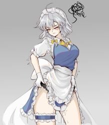 absurdres apron blue_dress blush braid breasts closed_eyes clothed_after_sex clothes_lift commentary cowboy_shot cum cum_on_body cum_on_legs dress dress_lift edz_drawz english_commentary female gloves grey_background grey_hair highres implied_after_sex izayoi_sakuya large_breasts maid maid_headdress medium_hair sakuya_izayoi shirt simple_background solo squiggle standing thick_thighs thighs touhou twin_braids twitching white_gloves white_shirt