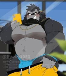 animated anthro anthro_only ass bara bara_ass bara_butt barazoku big_ass big_butt big_pecs black_clothing black_fur blue_clothing bouncing_ass bouncing_butt bubble_ass bubble_butt dat_ass dat_butt earrings gay grey_fur gym huge_pecs hyaku_(artist) longer_than_10_seconds male male_only muscular muscular_anthro muscular_male necklace oc orange_clothing original_character pecs phone recording shirt_lift shorter_than_30_seconds shorts tagme tank_top thong video wristband