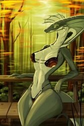 anthro bra breasts clothing cobra female fin forest looking_at_viewer parkerdude999 plant reptile scalie smile snake solo tree underwear welsimyse_(spooky_general)