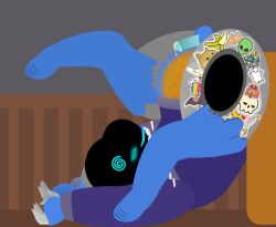 anthro blush bodily_fluids bottomless clothed clothing egg egg_inflation genital_fluids genitals hoodie hoodie_only lying machine male on_back oviposition penis precum pregnant pregnant_male protogen solo spiral spiral_eyes stickerboard_(tf2_demo_2004) tf2_demo_2004 topwear topwear_only