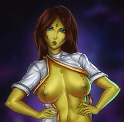 2019 bioware blue_eyes brown_hair exposed_breasts freli giuletta green_skin lucasfilm mirialan nipples original_character star_wars star_wars:_the_old_republic