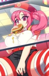 1girls big_breasts clothed clothed_female clothing crush_crush eating female female_focus female_only food game_cg hamburger nutaku official_art pink_eyes pink_hair sad_panda_studios solo solo_female solo_focus striped_legwear wendy_(crush_crush)