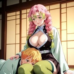 1boy 1girls ai_generated breasts breasts_focus breasts_out breasts_squeezed_together grabbing kanroji_mitsuri zenitsu_agatsuma