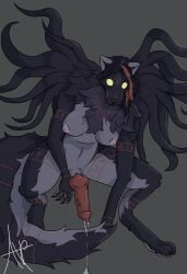 andromorph animal_genitalia animal_penis anthro arm_tattoo arm_tuft balls black_hair bodily_fluids breasts canid canine canine_genitalia canine_penis canis cheek_tuft chest_tattoo circle_eyebrows crouching ears_up elbow_tuft empty_eyes eyebrows facial_tattoo facial_tuft female fluffy fluffy_chest fluffy_ears fluffy_hair fluffy_hips fluffy_tail genital_fluids genitals hair hair_dye herm hi_res hornyavey intersex knot knotted_penis knotted_tapering_penis leaking leaking_penis leaking_precum leg_tattoo looking_at_viewer mammal monster mythological_canine mythological_creature mythology neck_tuft nipples no_pupils penis precum pseudo_hair red_hair runes runewolf sheath signature snout solo solo_focus symbol symbol_on_chest symbol_on_head symbol_on_thigh symbol_tattoo tail tapering_penis tattoo tentacle tentacle_hair thick_thighs tuft tulip_(hornyavey) werecanid werecanine werecreature werewolf wide_hips wolf yellow_eyes