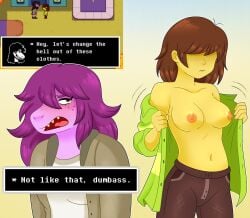 breasts breasts_out deltarune humor kris_(deltarune) rainy_(artist) rule_63 susie_(deltarune)
