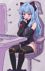 absurdres animal_ears bare_shoulders between_legs black_sleeves black_thighhighs blue_hair blush cat_ears chair computer computer_keyboard detached_sleeves drooling eiyuu_densetsu english_commentary fake_animal_ears female female_masturbation fingering hand_between_legs headset heart highres indoors leotard long_hair long_sleeves masturbation microphone monitor myuk no_panties office_chair on_chair open_mouth pussy_juice saliva sitting skirt smile solo sweat swivel_chair thighhighs thighs tio_plato yellow_eyes zero_no_kiseki
