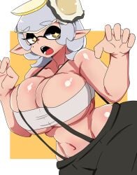 1girls alternate_costume alternate_hairstyle bare_shoulders black_pants black_suspenders breasts chicken_rib cleavage female hair hair_ornament huge_breasts inkling inkling_girl large_breasts marie_(splatoon) marie_(summer_nights) mole mole_under_eye navel nintendo official_alternate_costume official_alternate_hairstyle open_mouth pants pointy_ears shiny_skin solo solo_female solo_focus splatfest splatoon splatoon_3 summer_nights_splatfest suspenders tentacle_hair tongue