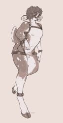anthro balls bell bell_harness clothed clothing curly_hair deer ear_piercing erection full-length_portrait genitals hair harness hi_res humanoid_genitalia humanoid_penis industrial_piercing looking_at_viewer male male_only mammal monochrome narrowed_eyes navel nipples penis piercing portrait seraphictiger simple_background solo standing