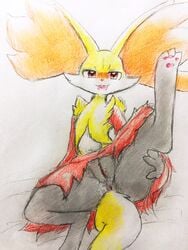 1girls 3_toes anus bedroom_eyes black_fur blush canine colored_pencil_(artwork) delphox eiroru feet female fox fur half-closed_eyes hi_res inner_ear_fluff leg_up looking_at_viewer nintendo one_leg_up pawpads paws pink_pawpads pokémon_(species) pokemon pokemon_xy pussy raised_leg red_eyes red_fur red_nose seductive simple_background sketch smile snout solo spread_legs spreading tail toes traditional_media_(artwork) video_games white_fur yellow_background yellow_fur