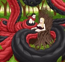 a_song_of_ice_and_fire alternate_universe arya_stark big_breasts black_hair blushing_female captured_female captured_girl captured_hero captured_heroine coiling coils daenerys_targaryen damsel_in_distress fearful_expression frightened game_of_thrones jungle jungle_girl lamia large_breasts massive_breasts massive_tail monster_girl nic0_robin69 snake_girl snake_tail white_hair wrapped_in_coils wrapped_up yuri