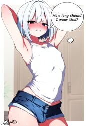ai_generated angry armpits arms_behind_head arms_up bearing_hips blush boy bulge bulge_through_clothing crossdressing dark_eyes denim_shorts english_text female femboy feminine_body feminine_male feminization glow5x high_resolution high_waisted_pants highres hips hourglass_figure looking_at_viewer male medium_hair nipples_bulge nipples_visible_through_clothing original original_artwork original_character otoko_no_ko self_upload shiny_skin shorts sissy slim_waist text text_bubble thick_thighs thighs tomgirl trap watermark white_hair white_top wide_hips