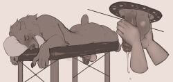 anthro arm_tuft balls bear bodily_fluids closed_eyes cum cum_string disembodied_hand duo elbow_tuft erection genital_fluids genitals handjob hi_res humanoid_genitalia humanoid_penis lying male male_anthro mammal massage_table milking_table monochrome neck_tuft nude on_front penile penis seraphictiger sex simple_background solo_focus tuft