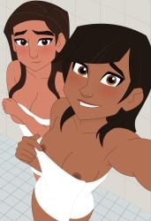 2girls bathroom big_hero_6 big_hero_6:_the_series breasts brown_eyes brown_hair dark_skin female karmi long_hair looking_at_viewer marvel marvel_comics megan_cruz mehefin013 nipples nipslip self_upload selfie towel_only
