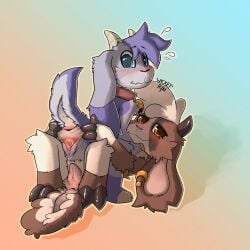 2girls ambiguous_gender animal_genitalia animal_pussy anthro anthro_on_anthro anthro_only background bell belle_(billie_bust_up) billie_(billie_bust_up) billie_bust_up blue_eyes blush bovid bovine brown_fur collar digital_drawing_(artwork) digital_media_(artwork) female female/female female_only furry furry_only goat goat_ears goat_horns goat_tail hi_res hooves leaking_pussy looking_at_viewer looking_back multicolored_fur orange_eyes purple_fur purple_hair smiling spreading_ass spreading_pussy white_hair white_muzzle wicketrin