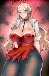 1girls areola_slip blonde_hair breasts choker cleavage clothed coat dress earrings game_freak green_eyes hexagon_earrings huge_breasts human human_only lipstick long_hair nintendo nipple_bulge oleana_(pokemon) pantyhose pokemon pokemon_ss sashimi_(artist) solo sweat text thick_thighs watermark wet wide_hips