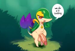 2025 absurd_res ai_generated anthro balls big_balls big_penis dialogue english_text erection foreskin generation_5_pokemon genitals half-closed_eyes hellsonger hi_res humanoid_genitalia humanoid_penis jewelry looking_at_viewer male narrowed_eyes necklace nintendo nude open_mouth outside penis plant pokemon pokemon_(species) precum red_eyes repub_the_snivy seductive small_but_hung smile snivy solo speech_bubble talking_to_viewer text thick_penis uncircumcised veinrepub