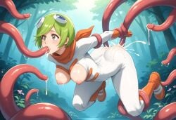 ai ai_generated anime big_breasts cum detailed_shading erotichris female female forest_background goggles green_hair hentai japanese_style kneeling nipples_visible_through_clothing oral_sex orange_scarf saliva sexual_content short_hair tentacle tentacle tentacle_monster tentacle_rape tentacles_sex tied_wrists white_jumpsuit