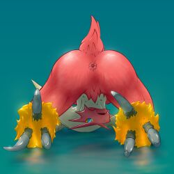 2022 all_fours ambiguous_anthro ambiguous_gender animal_genitalia anthro ass avian avian_feet big_claws blaziken blue_eyes claws cloaca feet full-length_portrait generation_3_pokemon genitals looking_at_viewer looking_through looking_through_legs male male_(lore) nintendo pokemon pokemon_(species) portrait presenting presenting_cloaca presenting_hindquarters raised_tail simple_background solo spread_legs spreading tail talons teal_background toes tohjoma yellow_sclera