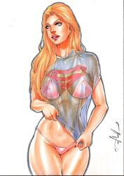 belly_button big_breasts big_breasts bikini blonde_hair blonde_hair blue_eyes blue_shirt bra breasts busty curvaceous curvy dc dc_comics ed_benes_studio erect_nipples erect_nipples_under_clothes eyeshadow jeferson_lima justice_league kara_zor-el large_breasts long_hair makeup mascara midriff navel nipple_bulge nipples panties pink_bikini pink_bra pink_panties red_lips red_lipstick see-through see-through_clothing see-through_shirt shirt standing stomach supergirl superman_(series) thick_thighs thighs transparent_clothing voluptuous white_background