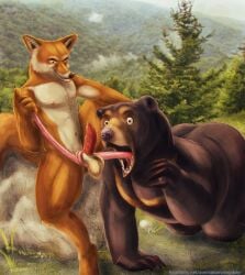 all_fours anthro anthro_on_anthro balls bear black_body black_fur brown_eyes canid canine day duo erection fangs fur genitals grin hi_res long_tongue male male/male male_anthro mammal narrowed_eyes navel nude open_mouth orange_body orange_fur outside penis photo_background photography_(artwork) pink_tongue plant red_penis rock satanic_monkey shocked sitting smile tan_balls teeth tongue tongue_out tree white_body white_fur