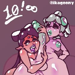 1futa 1girls big_balls blush callie_(splatoon) cousins female futa_on_female futanari green_lips green_nipples green_penis grey_hair holding_penis huge_cock hugging_penis ikagoony incest_(lore) intersex marie_(splatoon) nude pink_eyes purple_hair purple_lips splatoon squid_sisters