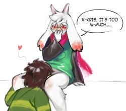 anthro blush bovid caprine clothed clothing cloudyhills0 deltarune dialogue duo embarrassed eyewear glasses goat heart hi_res human kris_(deltarune) male male/male mammal oral partially_clothed ralsei scarf shy simple_background sitting speech_bubble undertale_(series) white_background