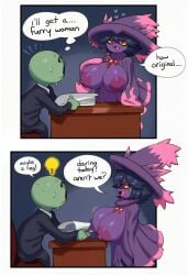 2025 absurd_res ai_generated anthro areola big_areola big_breasts black_hair blush bodily_fluids breasts clothed clothing comic dialogue digital_media_(artwork) duo english_text female furniture generation_4_pokemon green_body green_nipples green_skin hair hat headgear headwear heart hellsonger hi_res huge_breasts human humanoid male male/female mammal mismagius nipples open_mouth pink_areola pokemon pokemon_(species) puffy_areola scalie speech_bubble sweat table text