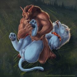 1:1 anthro anus balls blue_balls blue_body blue_fur blue_perineum brown_body brown_fur canid canine closed_eyes duo fangs feral fur genitals grass hi_res kneeling lying male male_anthro male_feral mammal mane mythological_canine mythological_creature mythology night nude on_back on_top open_mouth open_smile orange_sclera outside perineum pink_anus plant satanic_monkey smile species_request teeth tickling werecanid werecanine werecreature werewolf yellow_eyes