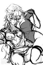 boobs_out breasts dominant dominant_female half-dressed half_naked honkai:_star_rail mydei_(honkai:_star_rail) phainon_(honkai:_star_rail) sybssite thigh_strap tight_clothing yuri yuri_with_female_audience
