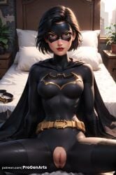 1girls ai_generated artist_name batgirl batgirl_(cassandra_cain) batman_(series) bed belt black_bodysuit black_cape black_hair bodysuit breasts cape cassandra_cain covered_navel dc dc_comics domino_mask hi_res indoors lips looking_at_viewer mask medium_breasts on_bed parted_lips patreon_username pillow plant progenarts pussy red_lips short_hair sitting skin_tight solo spread_legs superhero torn_bodysuit torn_clothes uncensored utility_belt web_address window