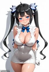 ai_generated artist_name bangs bare_shoulders black_hair blue_bow blue_eyes blue_ribbon blush bow bowtie breasts cleavage cleavage_cutout clothing_cutout covered_navel cowboy_shot dress dungeon_ni_deai_wo_motomeru_no_wa_machigatteiru_darou_ka female gloves hair_ornament hair_ribbon hestia_(danmachi) high_resolution highres large_breasts long_hair looking_at_viewer patreon_username pencil_dress rei_no_himo ribbon shiny shiny_skin short_dress simple_background sleeveless sleeveless_dress smile solo stable_diffusion twintails waifuscans418 web_address white_background white_dress white_gloves