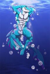 animal_humanoid anthro big_penis bodily_fluids bubble clothing cum cum_in_water cum_underwater ejaculation erection fin fish fish_humanoid flexible genital_fluids genitals hands_behind_head hi_res humanoid male male_orgasm marine marine_humanoid muscular muscular_anthro muscular_male muscular_thighs nipples ocean_floor orgasm pecs penis pits requiem_shark sea shark shark_humanoid shark_tail sharp_teeth smile smirk solo speedo swimwear tail teeth tiger_shark underwater water