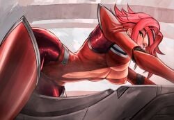 1girls bent_over blush bodysuit cleavage code_geass from_below from_side half-closed_eyes headband kallen_stadtfeld looking_at_viewer medium_breasts midriff nibba red_hair shiny_skin short_hair sweat thick_thighs wide_hips