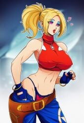 ai_generated bimbo blonde_hair blue_eyeshadow blue_mary blue_mary_(cosplay) fatal_fury feminization hypnosis king_of_fighters mascara red_lipstick rule_63 sano-br snk terry_bogard