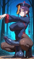 ai_generated covering_breasts dark_blue_balls dark_blue_penis futanari huge_cock jiangshi night pantyhose sagging_balls squatting